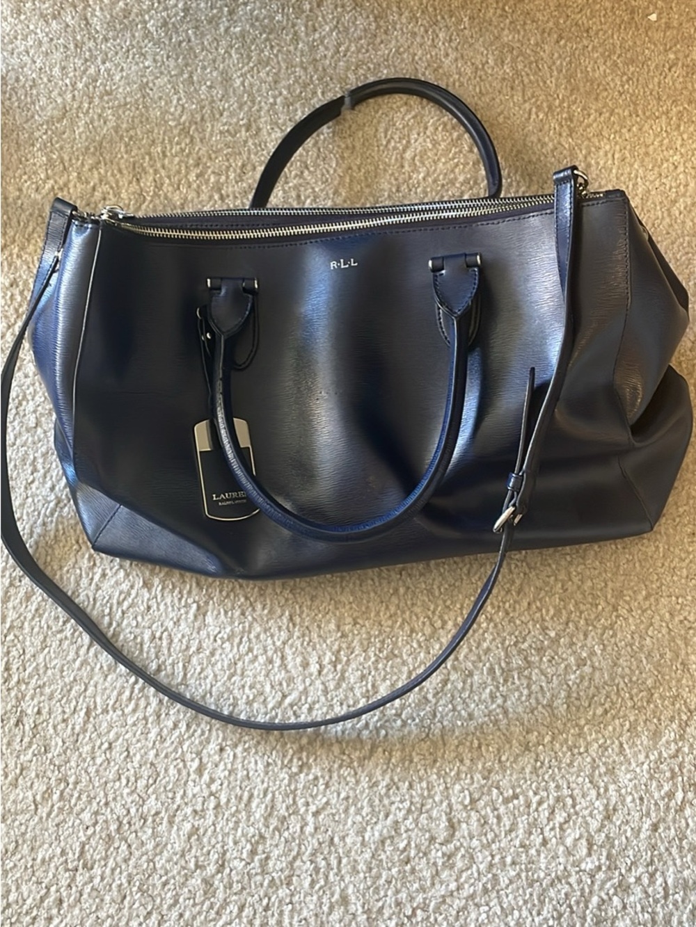 Ralph Lauren Navy Blue Leather Satchel with Removable Strap